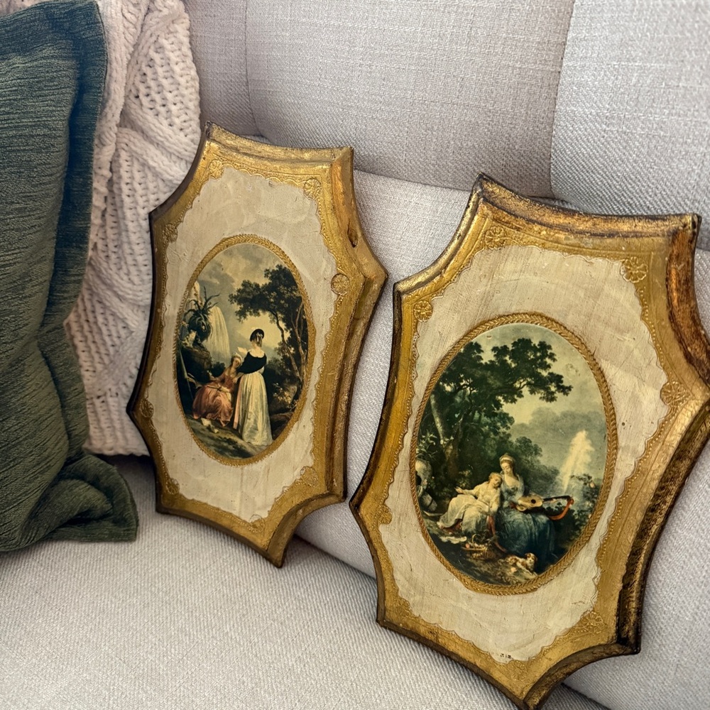 Vintage Italian Florentine Gold Gilded Wood Plaque Set - Le Lecture & La Musique